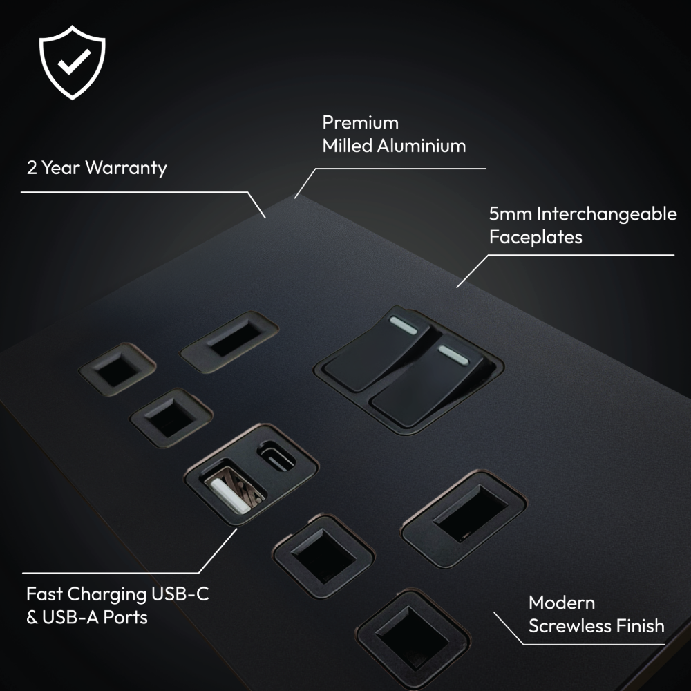Aura Double Socket with USB - Matt Black RetroTouch Light Switches ...