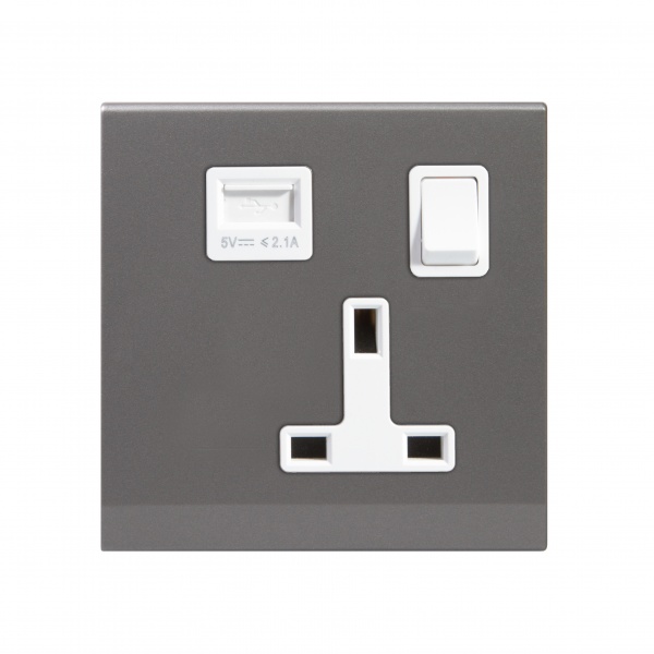 Simplicity 13A Single Plug Socket & USB with Switch Mid Grey