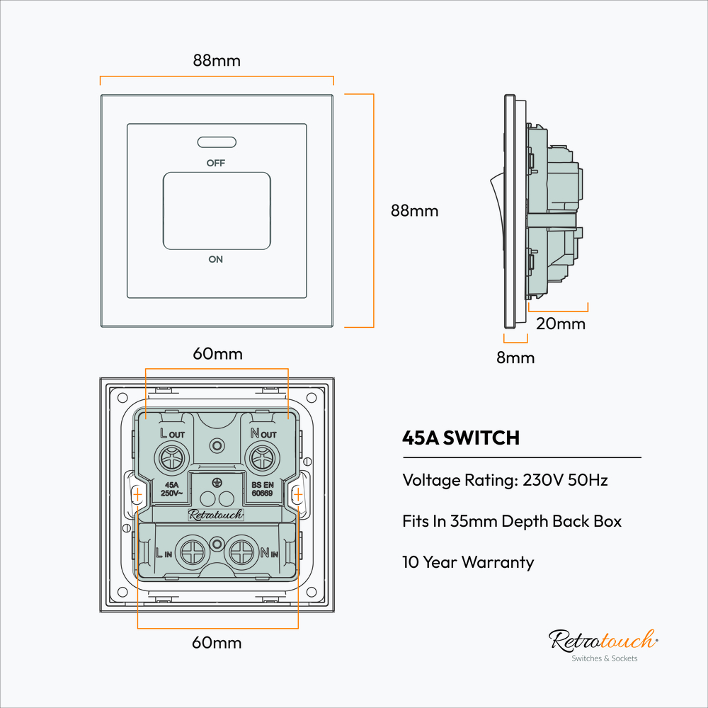 Aura 45A Switch with Neon - Matt Black RetroTouch Light Switches & Plug ...