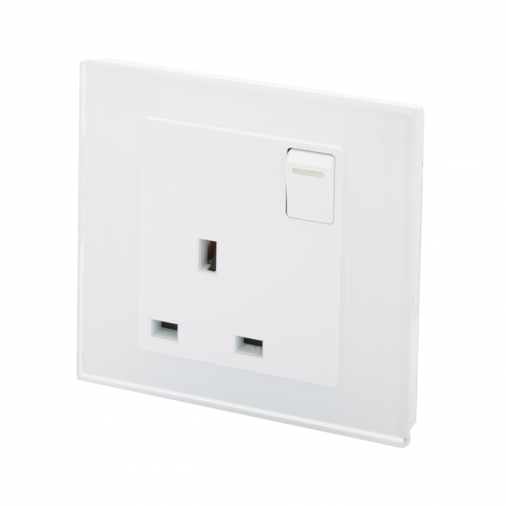 Retrotouch Crystal 13A 2-Gang DP Switched Plug Socket White Glass with Chrome Trim 